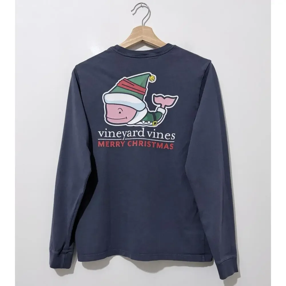 Vineyard Vines Elf Whale Boys T Shirt XL 18 Cotton Navy Long Sleeve Pockets